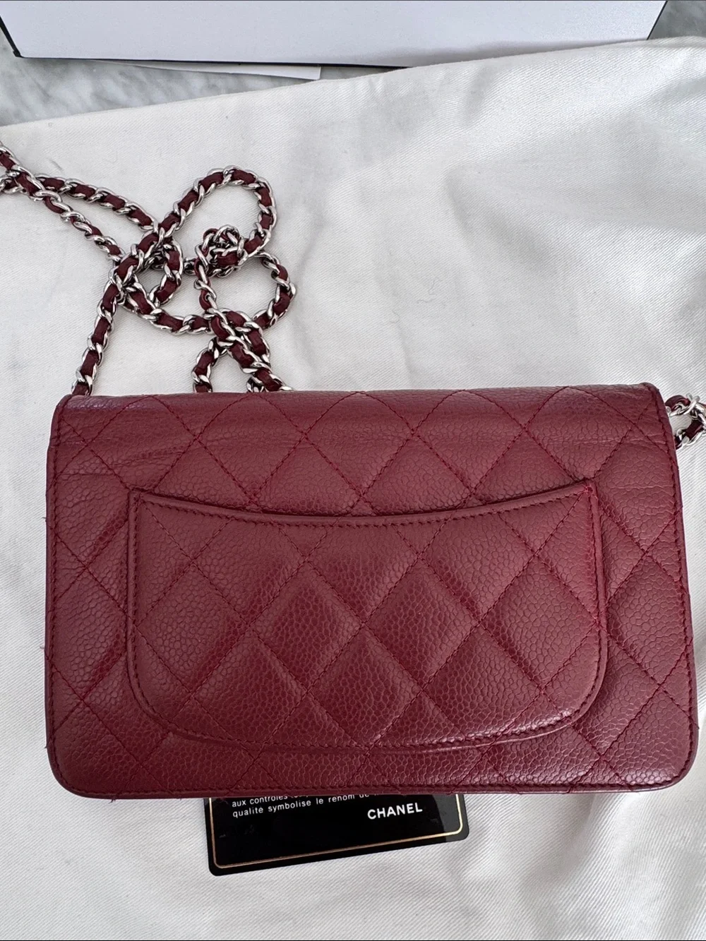 Chanel Burgundy Quilted Caviar Wallet on Chain. Burgundy. Pebbled leather.